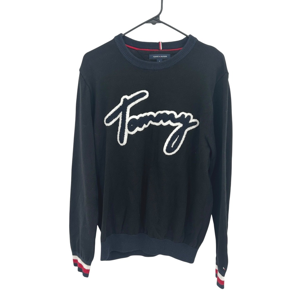 Tommy Hilfiger Script Logo Cotton Knit Sweater M‎ Navy Crewneck Preppy 2000s
